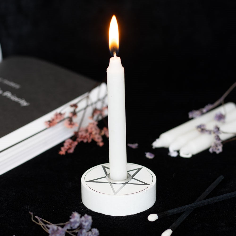 White pentagram spell candle holder