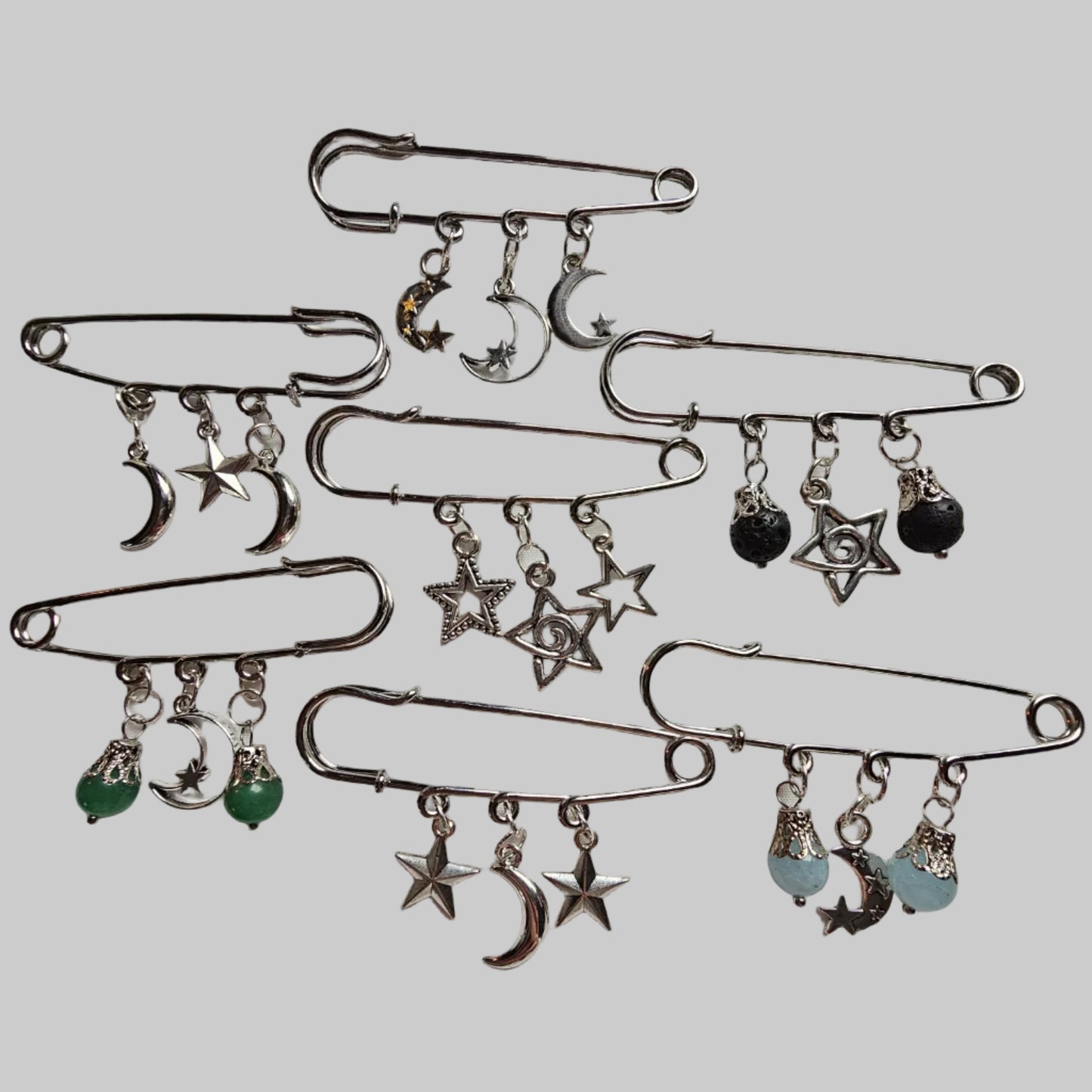 Moon and star large safety pins