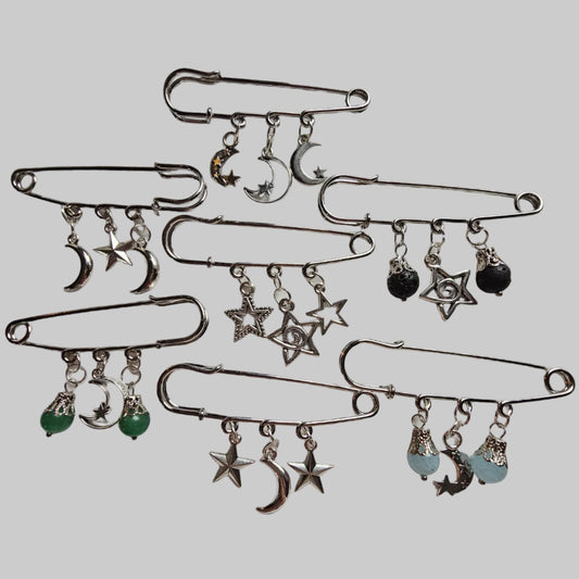 Moon and star large safety pins